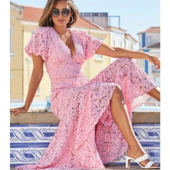 Boston Proper Candy Pink Puff Sleeve Lace High Low Dress Size 18 Wedding - Picture 2 of 9